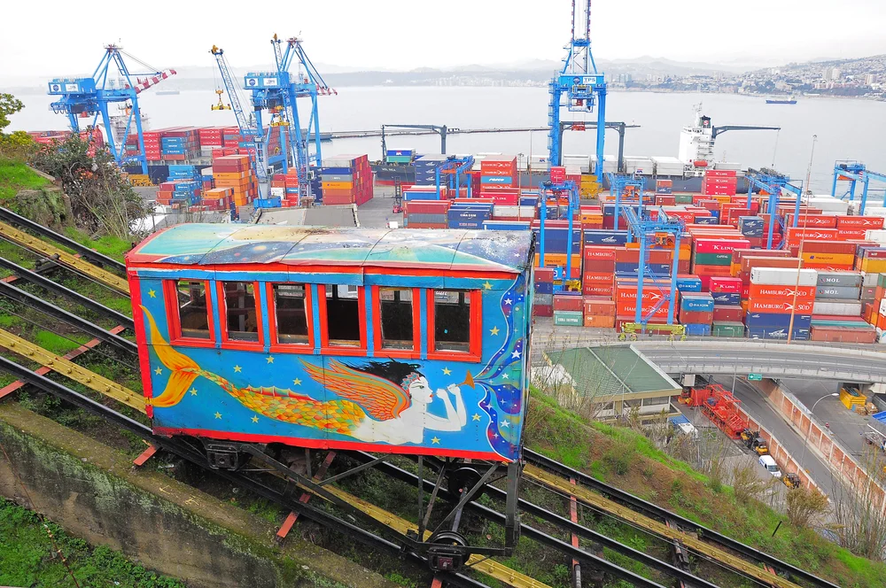 Descripción grafica de funicular colorido con arte urbano en Valparaíso, mas allá se observan contenedores y la playa al fondo.